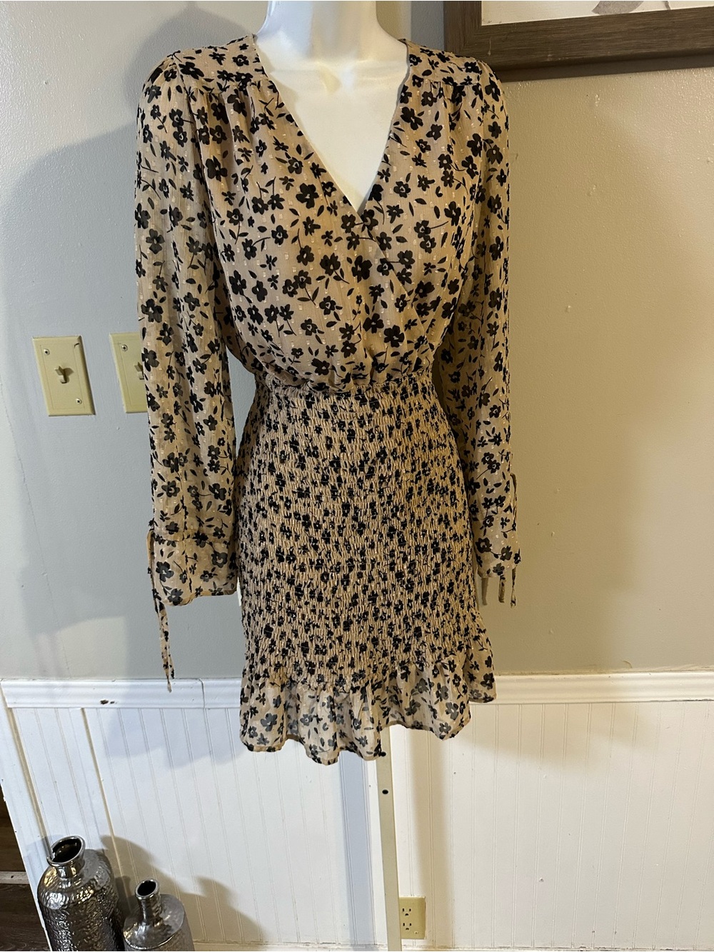 Promesa Beige Dress with Black Floral Print